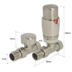 Towelrads Brushed Nickel Straight Thermostatic TRV & Lockshield 15mm x 1/2" -Electrical Testers Sales 250RY A1
