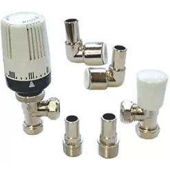 Myson 2-Way & Matchmate White Angled Thermostatic Push-Fit TRV & Lockshield with 90° Elbow 10mm x 1/2"
