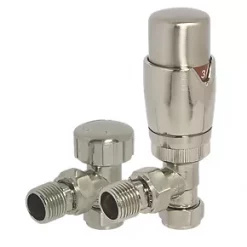 Towelrads Brushed Nickel Angled Thermostatic TRV & Lockshield 15mm x 1/2"